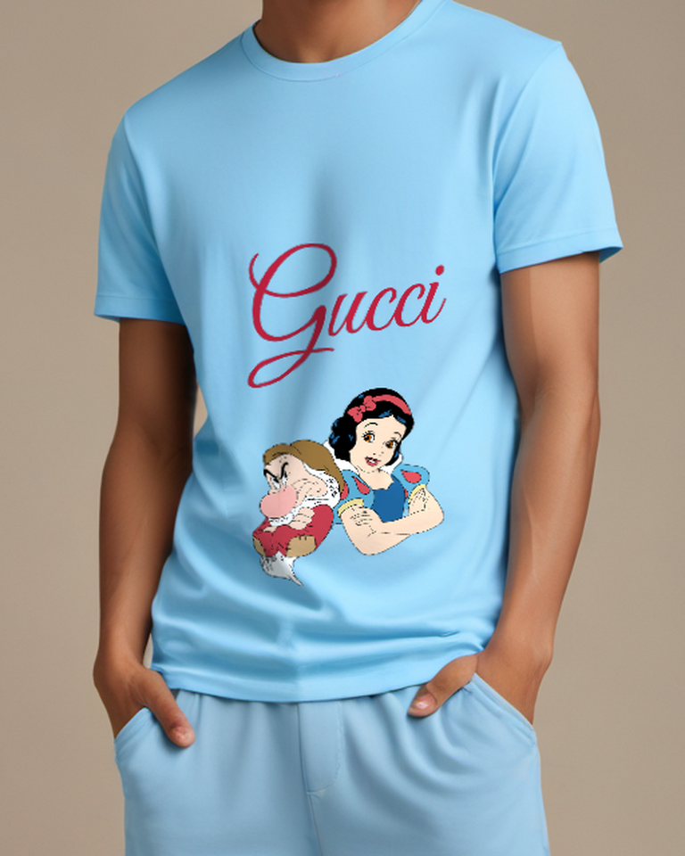 Sky Blue Snow White And Grumpy Dwarf Graphic T-Shirt - model wearing view