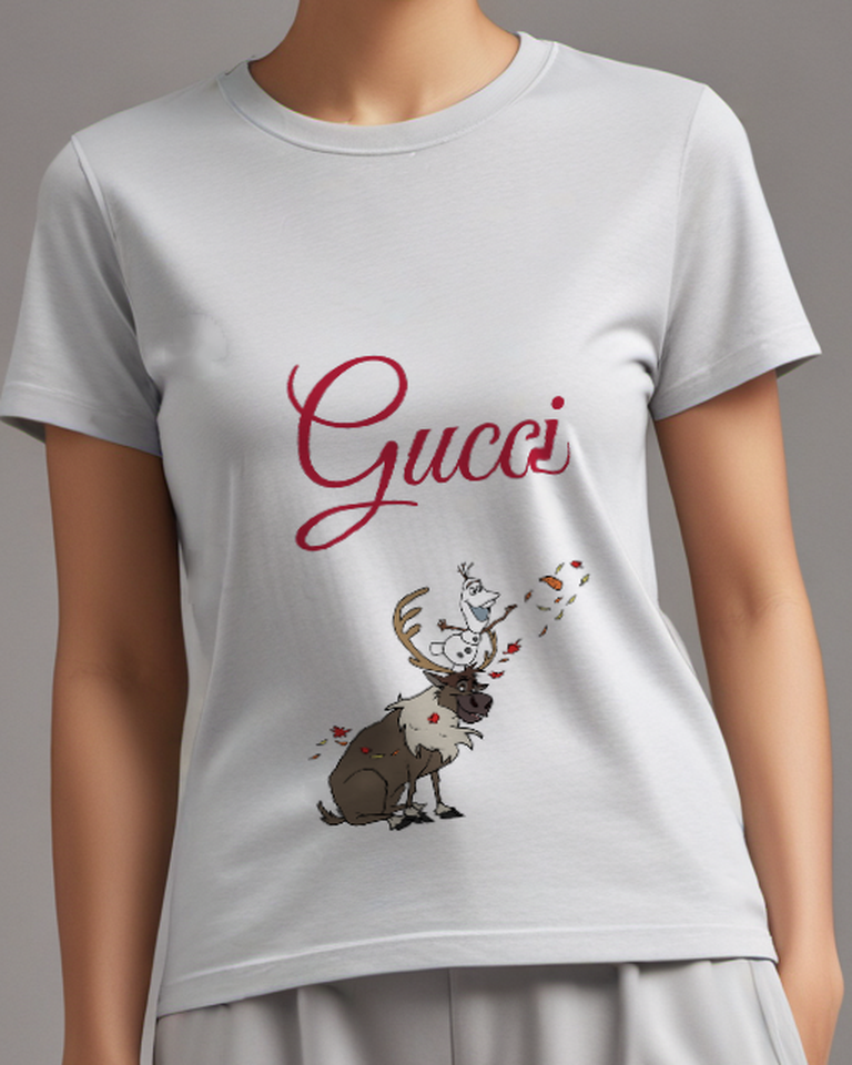 Light Gray Olaf Atop Sven Blowing Leaves Graphic T-Shirt - model wearing view