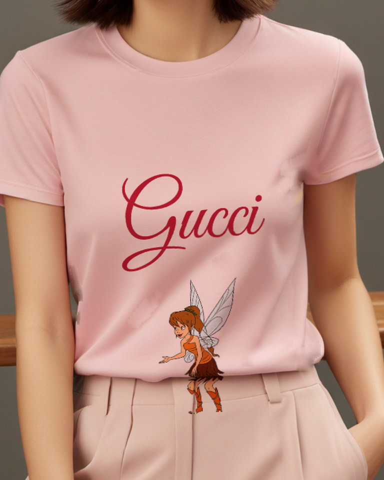Blush Pink Brown Fairy Blue Wings Graphic T-Shirt - model wearing view