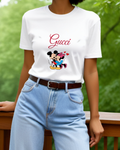 White Mickey And Minnie In Affectionate Embrace Graphic T-Shirt - model wearing view